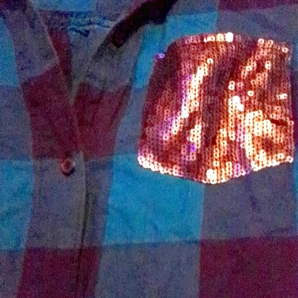 Girls Lg Sz 14 Button Down 3/4th Sleeve Arizona Jeans Company Blue & Black Shirt - Picture 3 of 4